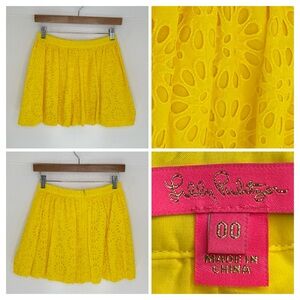 Lilly Pulitzer Leah Eyelet Bubble Mini‎ Skirt Size 00 Yellow Pinwheel Resort